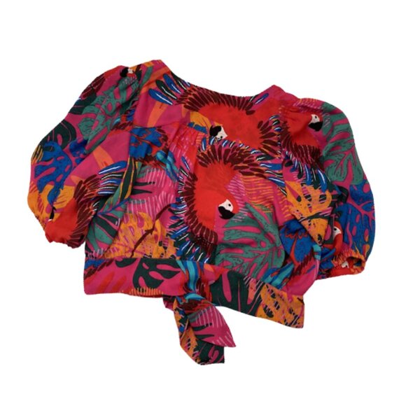 Joie Cropped Blouse Tropical Button up Vibrant Parrots Print Pink Red Green - Picture 2 of 9